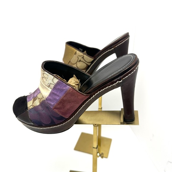 Y2KCoach Patchwork Platform Mules Leopard Calf Hair Metallic Leather Heels Multi - Picture 7 of 16